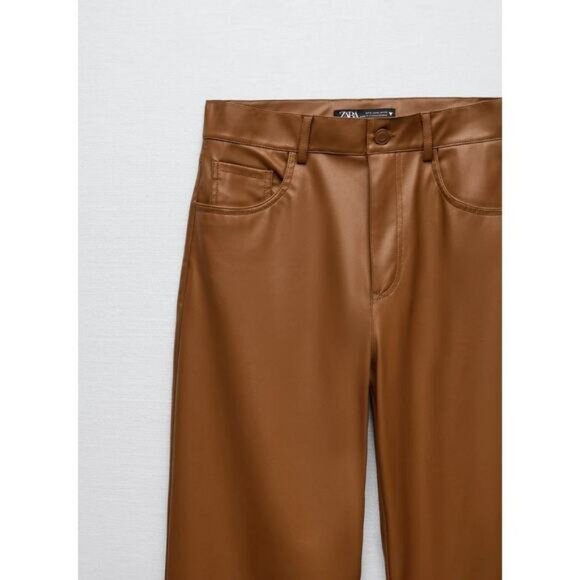 NWT ZARA Faux Leather Straight Leg Full Length Pants Size XS Caramel - Picture 3 of 8